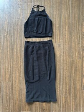 BCBGeneration Black Ribbed Knit Two-Piece Midi Skirt Set